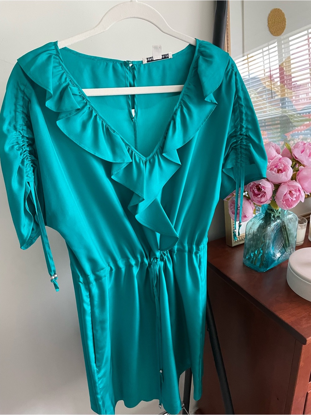 Banana Republic Teal Ruffle V-Neck Silk Dress